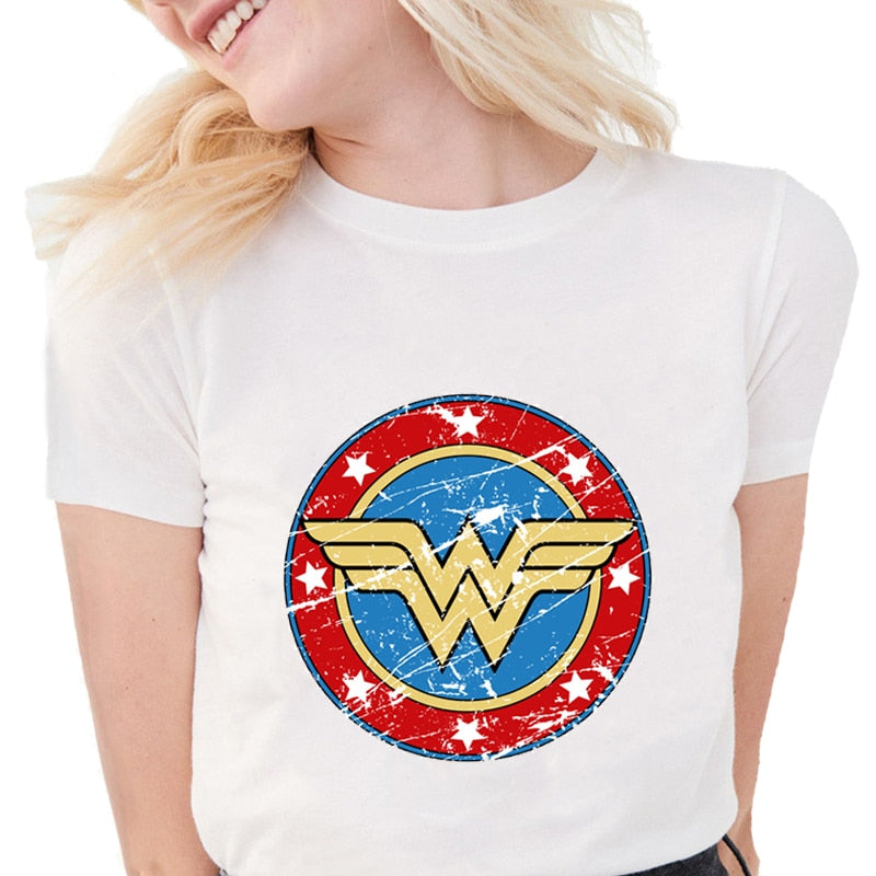 New Summer Women's Fashion Wonder Woman Printed T-shirts Cool Soft Cotton Short Sleeve White Tops S1260