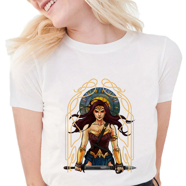 New Summer Women's Fashion Wonder Woman Printed T-shirts Cool Soft Cotton Short Sleeve White Tops S1260